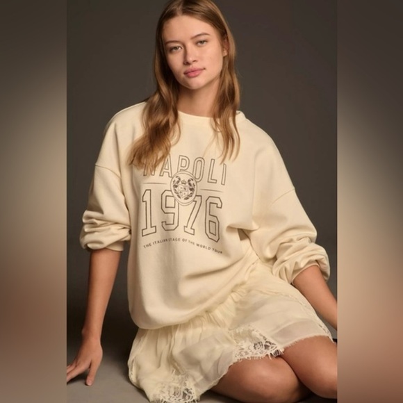 NWOT Pilcro Anthropologie Cream Graphic Twofer Mini Sweatshirt Dress - Picture 1 of 11